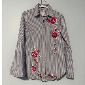 Merona Women's S Blue White Striped Floral Embroidered Bell Sleeve 1113